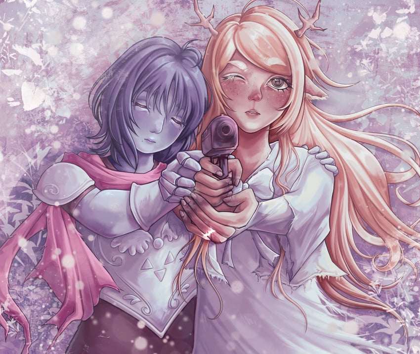 三角符文、Undertale/Deltarune、Kris (黑暗世界) (Deltarune) 1名女孩 1个其他角色 鹿角 搂肩 铠甲