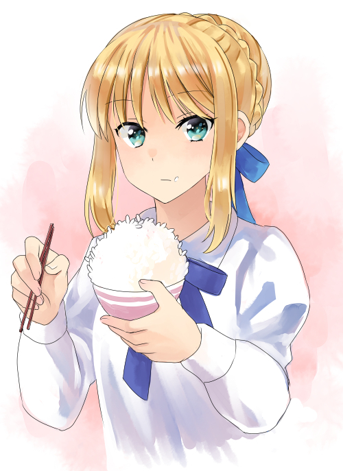 Fate/stay night、Fate系列、阿尔托莉雅·潘德拉贡 (Fate) 1名女孩 金发 蓝色丝带 碗 辫子