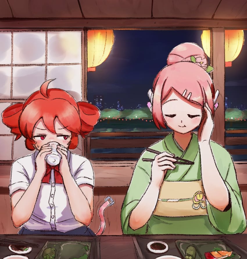 UTAU、重音Teto、桃音桃 2名女孩 呆毛 蝴蝶结 蝶形领结 筷子
