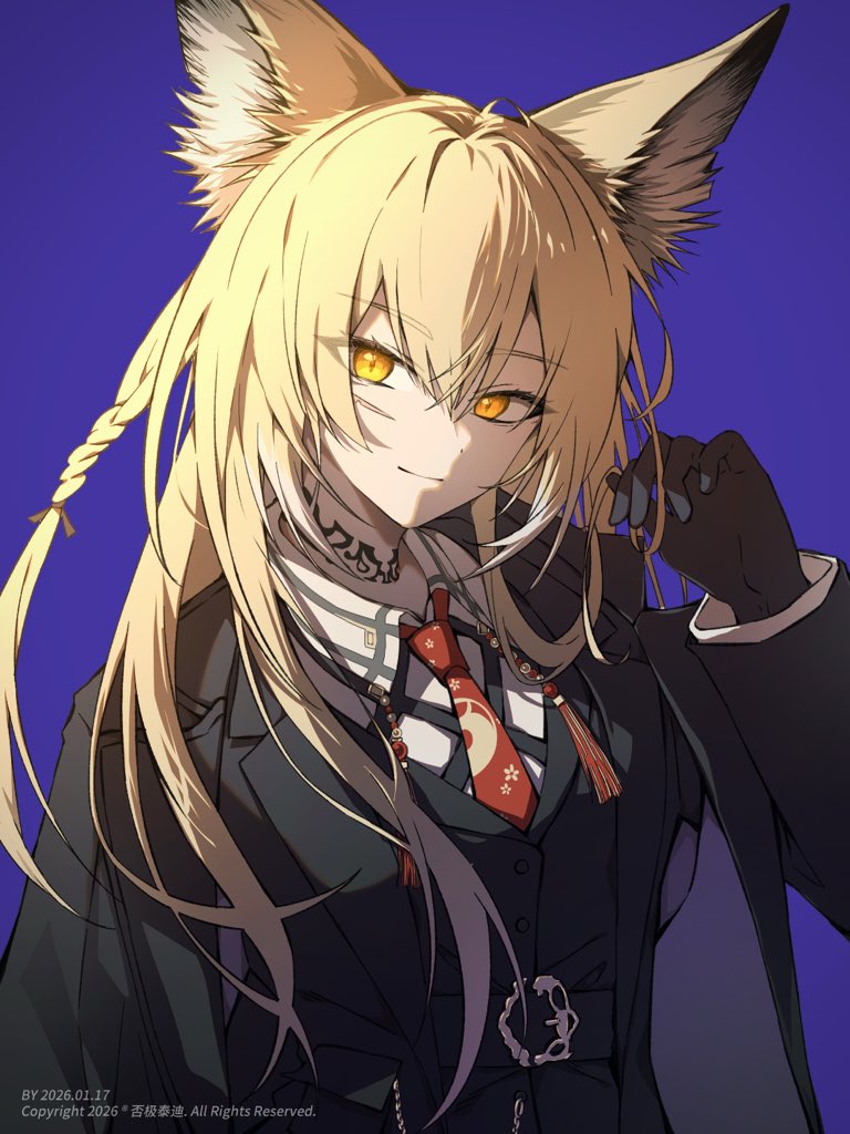 明日方舟、铃兰 (档案名) 1名女孩 兽耳 黑色手套 黑色夹克 金发