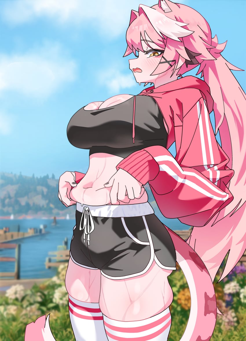 Hololive、Hololive英语、Raora Panthera (Hololive) 1名女孩 替换服装 兽耳毛 兽耳 腹部
