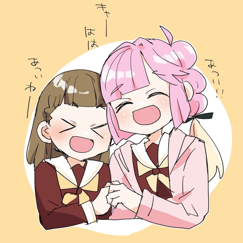 Love Live!、Love Live! 莲之空女学院学园偶像部、案养寺姬 2名女孩 :D 闭眼挤眼 微笑 棕色连衣裙
