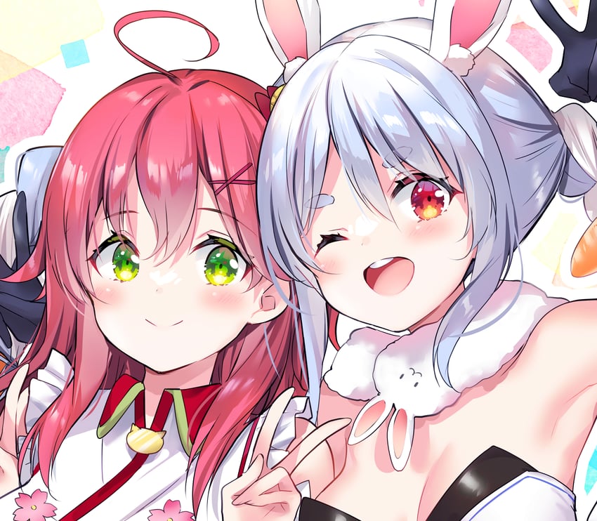 Hololive、Don-chan (佩克拉头上的野兔)、樱巫女 2名女孩 呆毛 兽耳 蓝发 辫子
