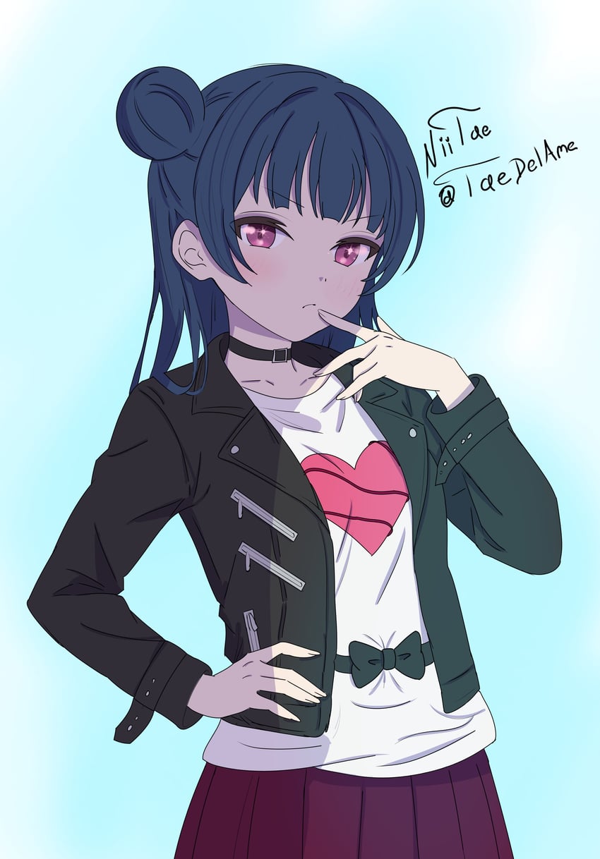 Love Live!、Love Live! Sunshine!!、津岛善子 1名女孩 黑色项圈 黑色夹克 蓝发 项圈
