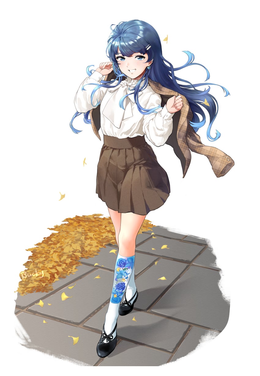 个人势虚拟主播、七海丽（VTuber） 1名女孩 红叶 黑鞋 蓝眼 蓝花