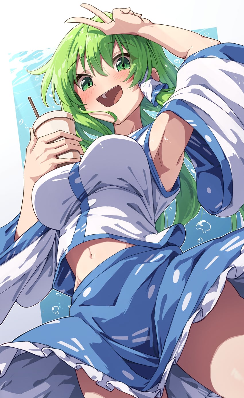 东方Project、东风谷早苗 1名女孩 腋下 蓝裙子 乳房 杯子