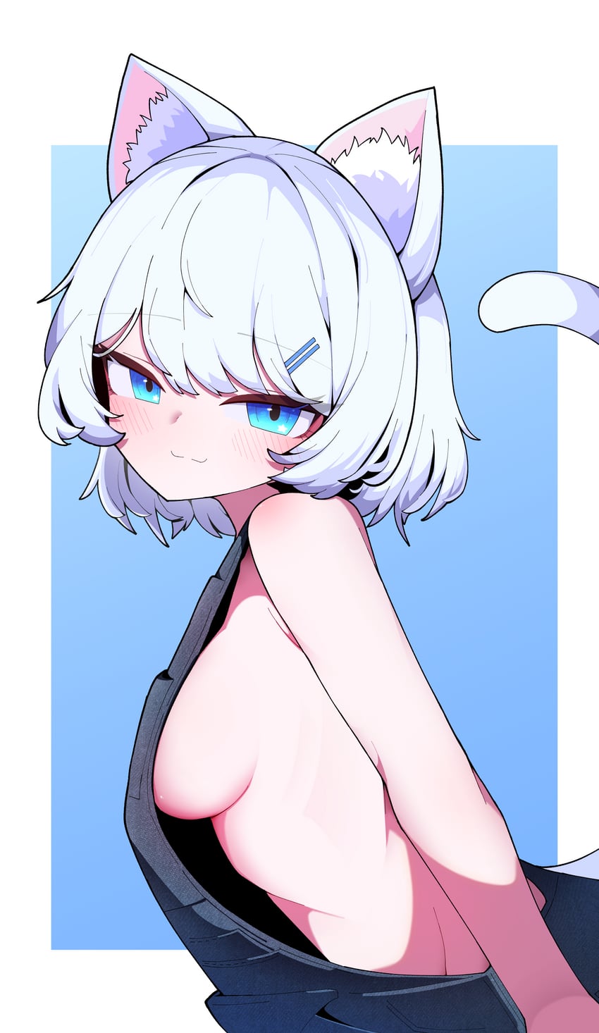 二次元插画 1名女孩 兽耳毛 兽耳 黑色背带裤 蓝色背景