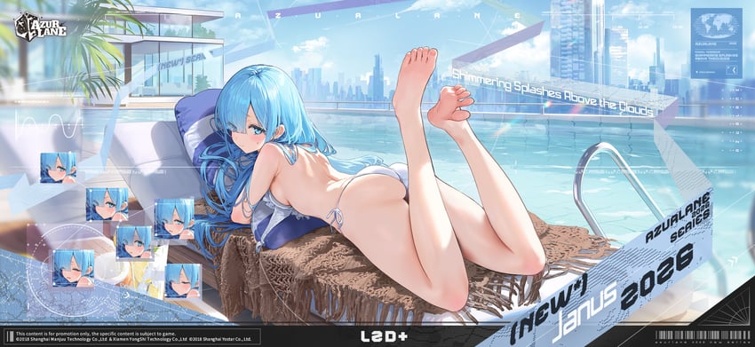 碧蓝航线、雅努斯 (碧蓝航线)、janus (shimmering splashes above the clouds) (azur lane) 1名女孩 屁股 赤脚 比基尼 蓝眼