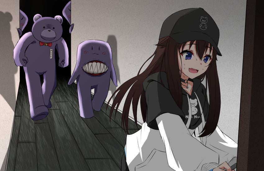 青鬼、Hololive、鮟鱇肝 (时乃空) 1名女孩 黑色项圈 黑色卫衣 棕发 项圈