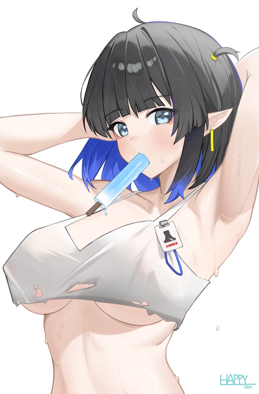明日方舟、森蚺 (明日方舟)、森蚺(铸铁匠) 1名女孩 腋下 双手抱头 黑发 蓝眼