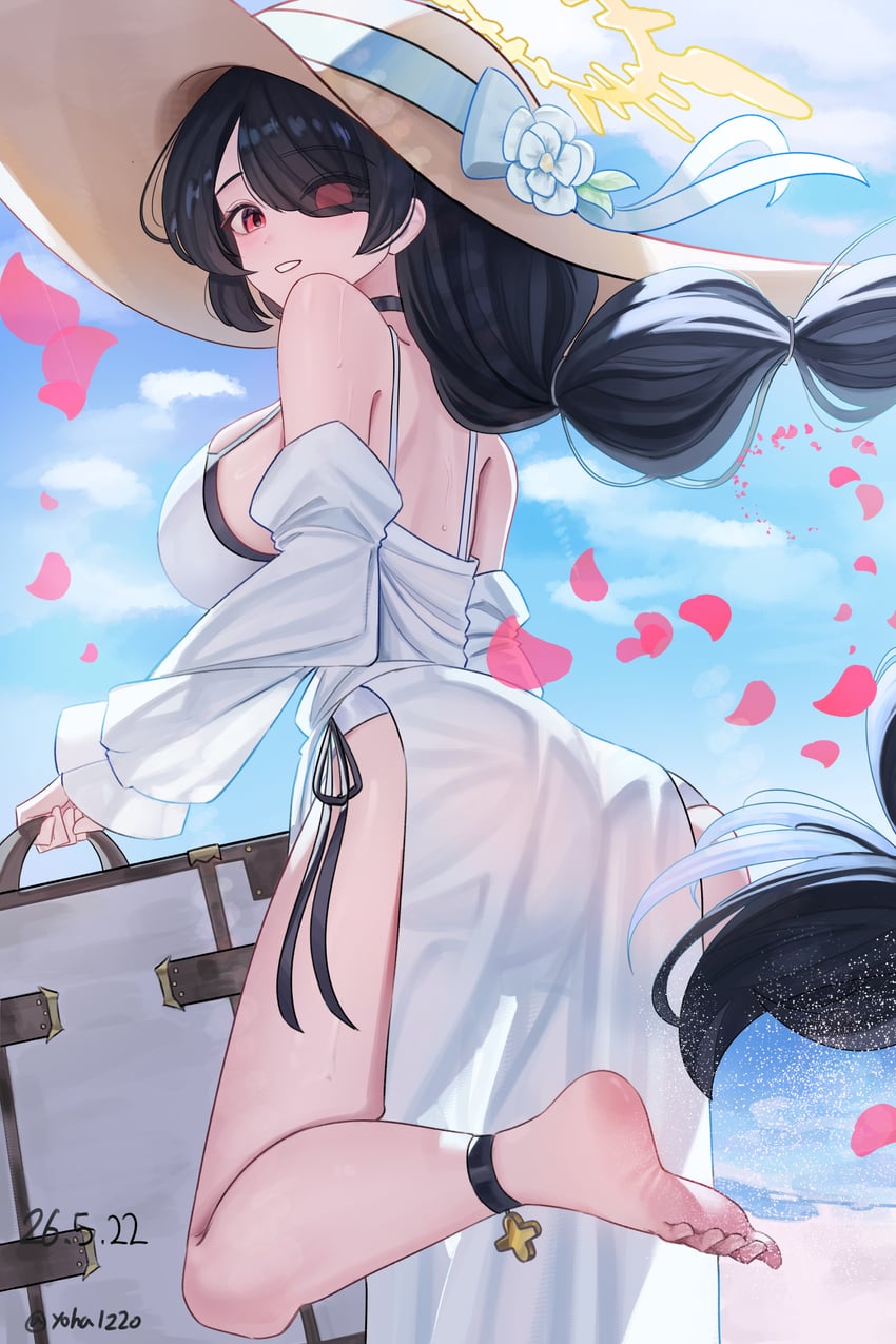 蔚蓝档案、日向 (蔚蓝档案)、日向 (泳装) (蔚蓝档案) 1名女孩 护踝/脚踝扣带 屁股 裸背 露肩