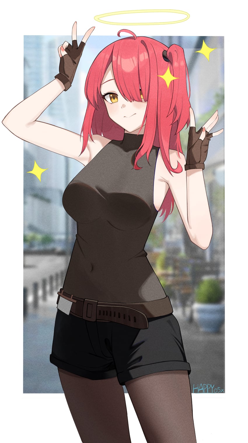 明日方舟、能天使 (明日方舟) 1名女孩 举手 露肩 腰带 黑衬衫