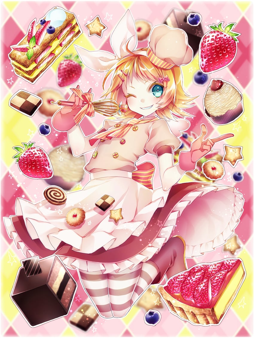 甜蜜魔法 (Vocaloid)、VOCALOID、镜音铃 1名女孩 替换服装 围裙 菱格纹背景 金发