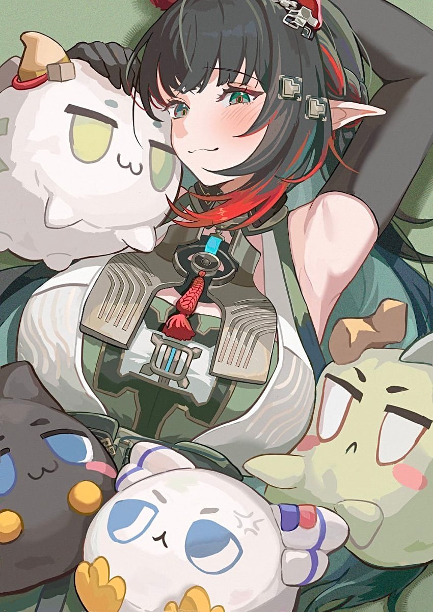 明日方舟、明日方舟：终末地、庄芳怡 (明日方舟) 猫脸笑 腋下特写 腋下 黑发 脸红