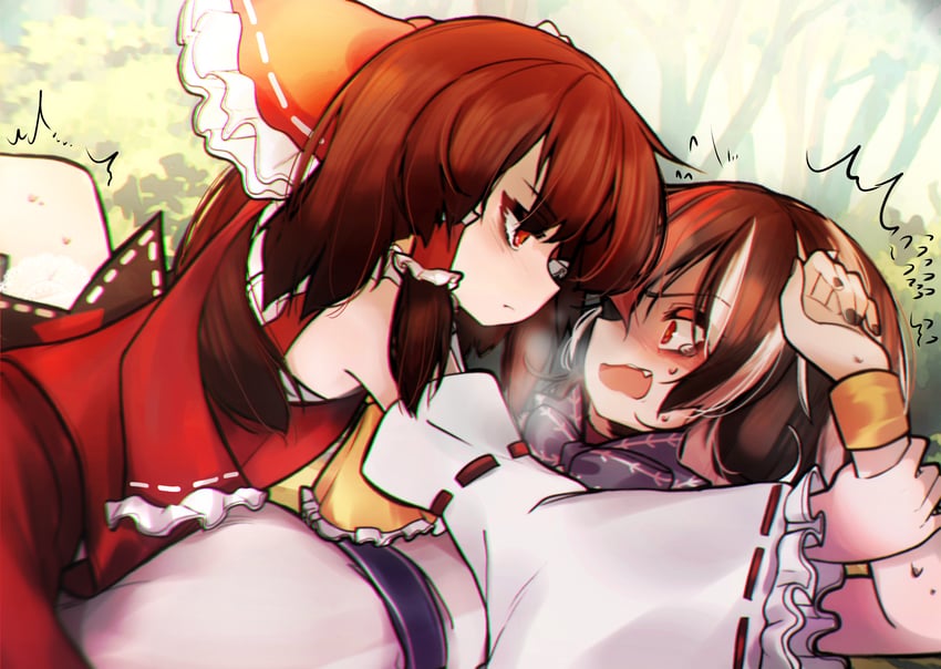 东方Project、博丽灵梦、鬼人正邪 2名女孩 阿斯科特领巾 黑发 蝴蝶结 棕发