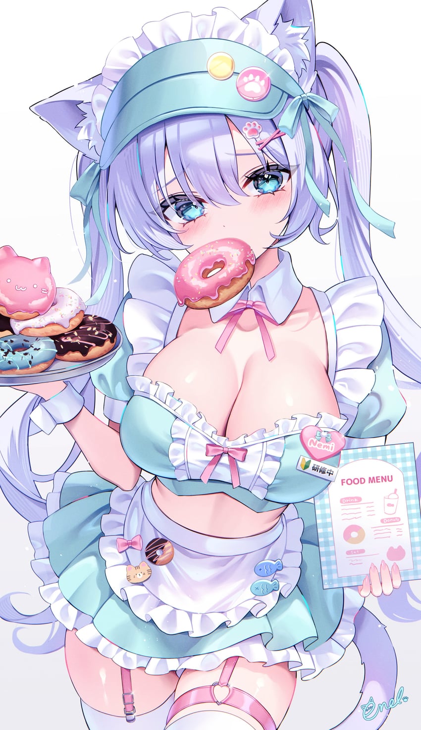 原创 1名女孩 兽耳 围裙 水蓝色衬衫 水蓝色裙子