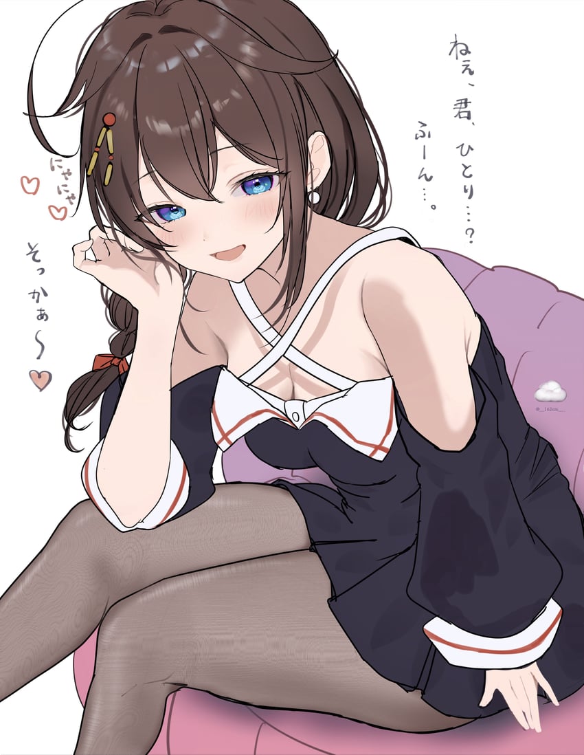 舰队Collection、shigure (ginza black) (kancolle)、时雨 1名女孩 呆毛 黑色连裤袜 蓝眼 辫子
