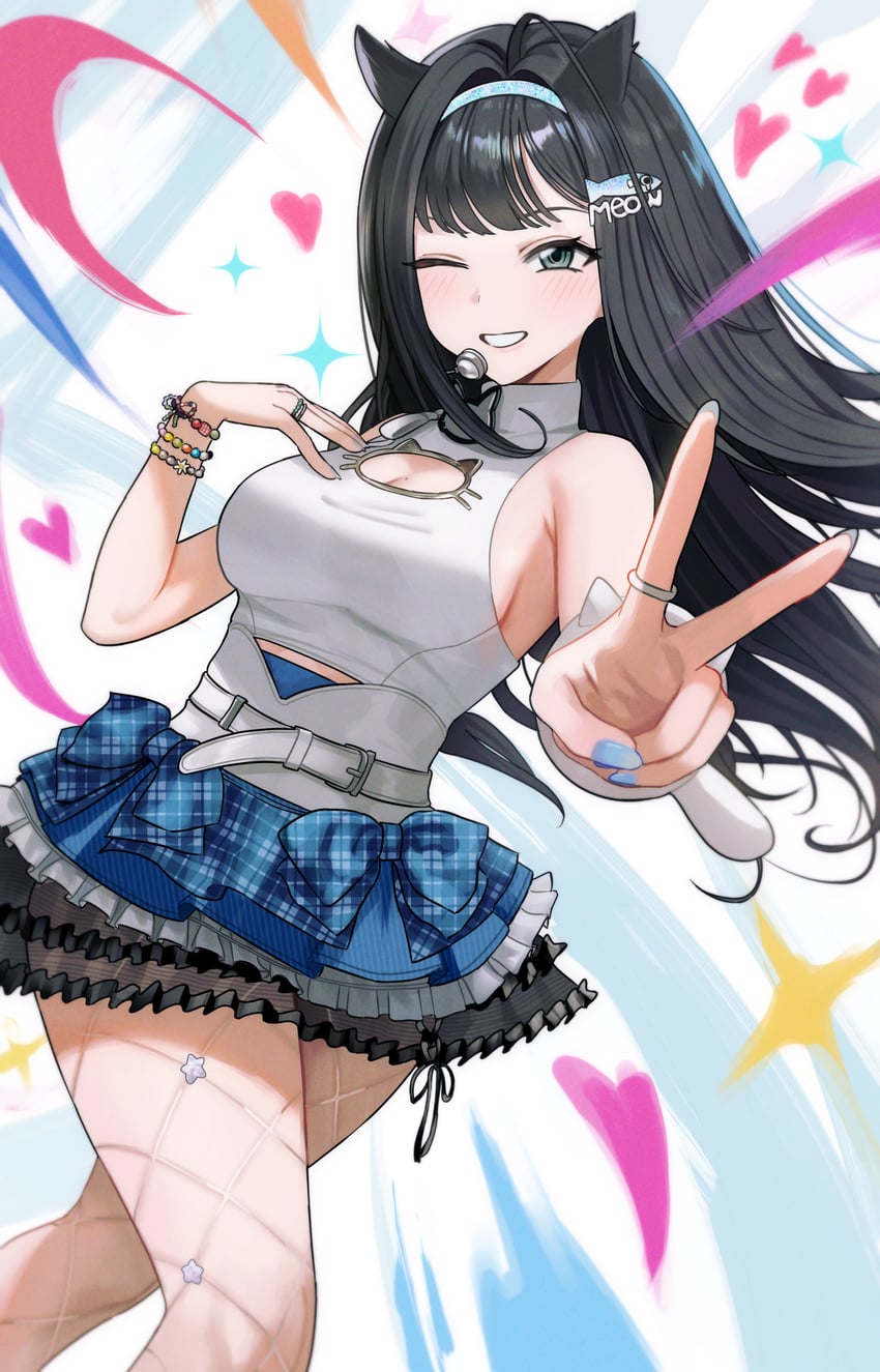胜利女神：妮姬、薄荷 (妮姬) 1名女孩 水蓝色发带 黑发 蓝裙子 乳房