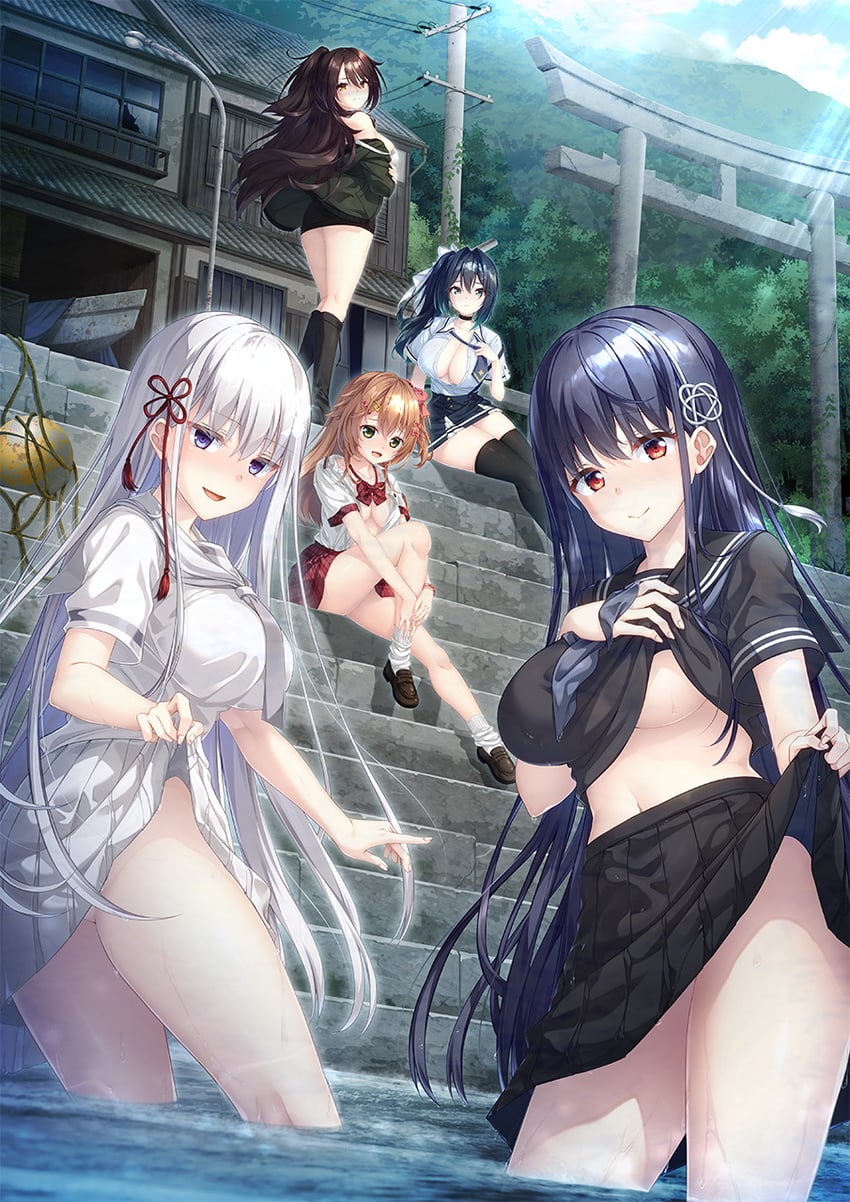 haison shoujo ni ~kageri sasou hime no hako~、mishio haruna、niinuma suzu 5名女孩 黑色水手领 黑色裙子 黑袜 黑色过膝袜