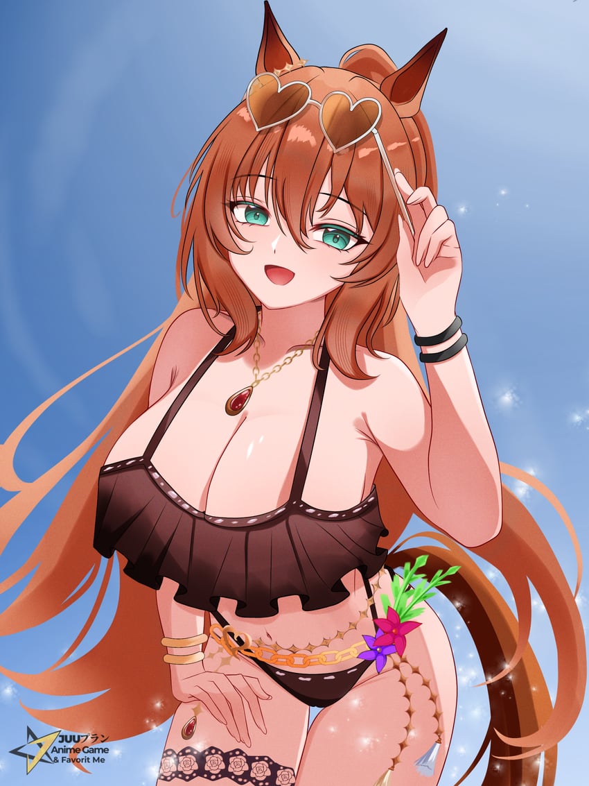 赛马娘、丸善斯基 (炎夏之夜) (赛马娘)、丸善斯基 (赛马娘) 1名女孩 兽耳 露肩 比基尼 黑色比基尼