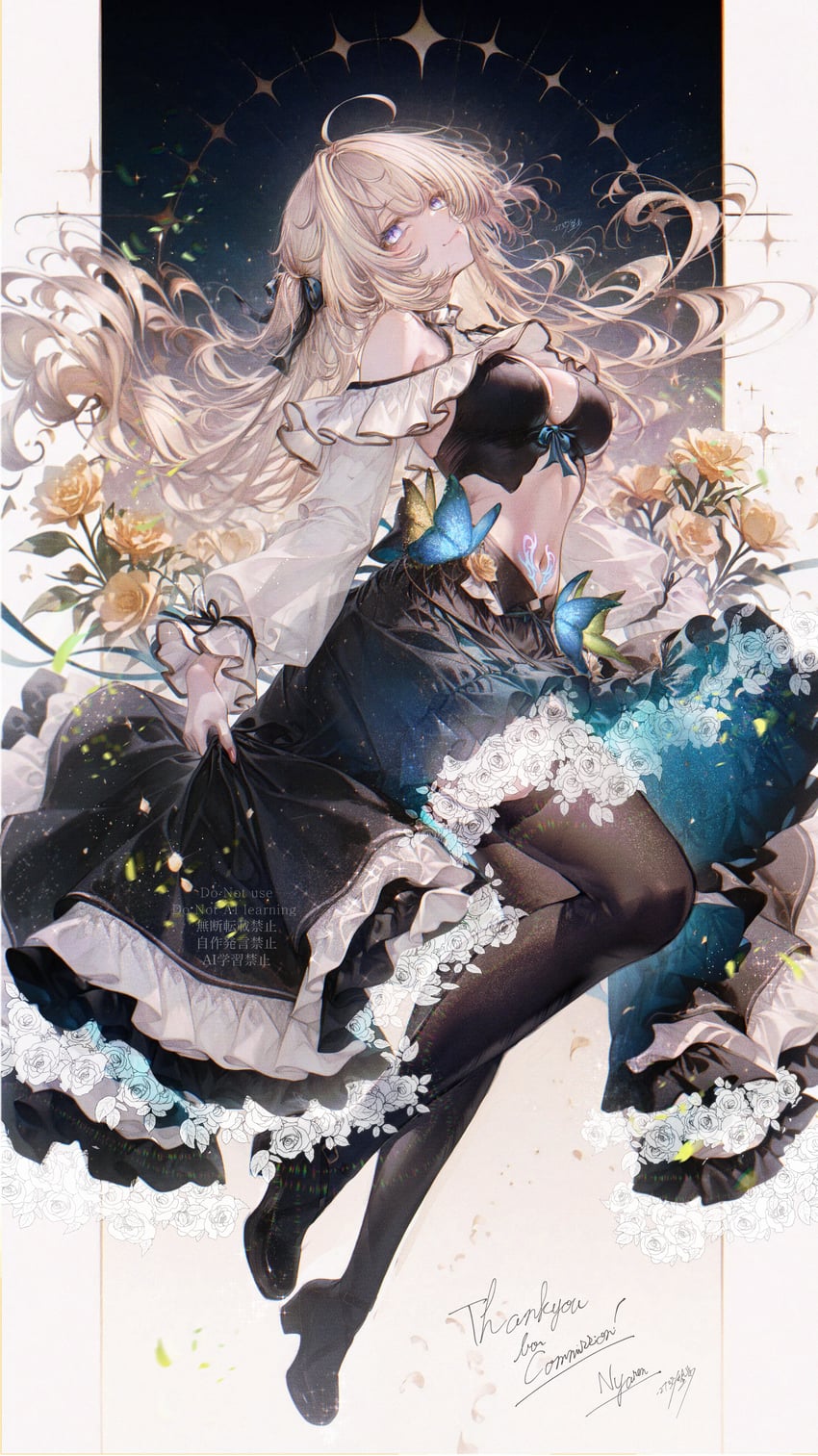 原创 1名女孩 黑色连裤袜 黑色裙子 金发 蓝蝴蝶