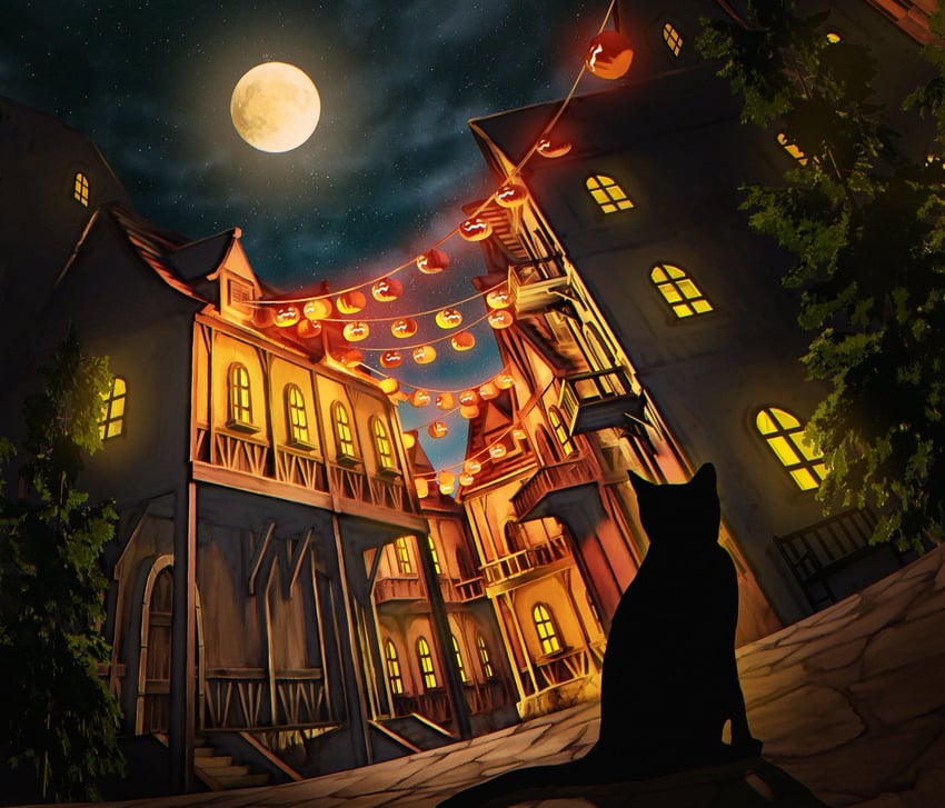 原创 动物 黑猫 建筑物 猫 满月