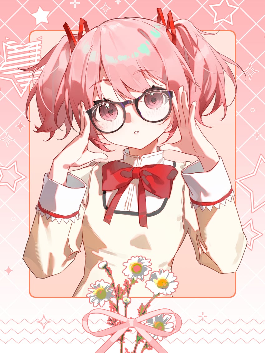 魔法少女小圆、魔法少女小圆、鹿目圆 1名女孩 调整眼镜 戴眼镜的 黑框眼镜 边框