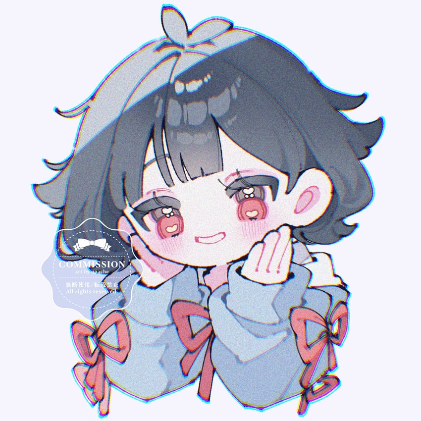 原创 1名女孩 黑发 蓝色衬衫 齐刘海 脸红