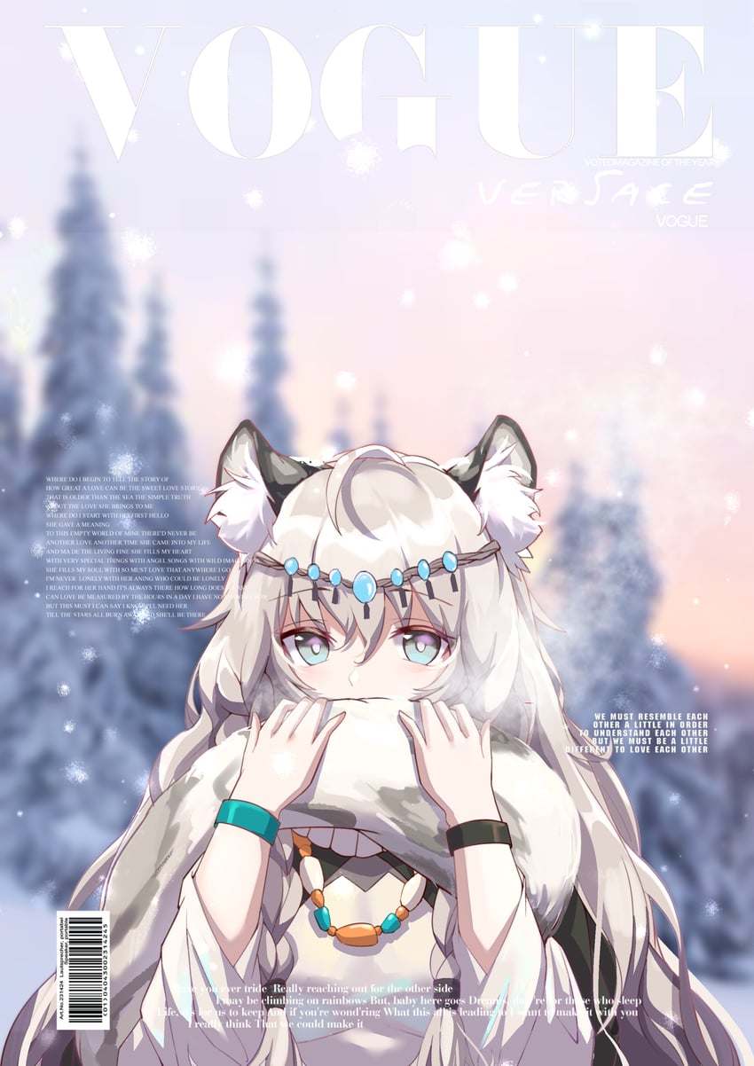 明日方舟、初雪 (明日方舟) 1名女孩 呆毛 兽耳毛 兽耳 条形码