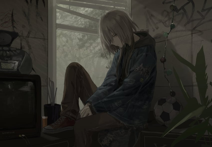 原创 1名男孩 球 棕发 褐色连帽衫 棕色裤子