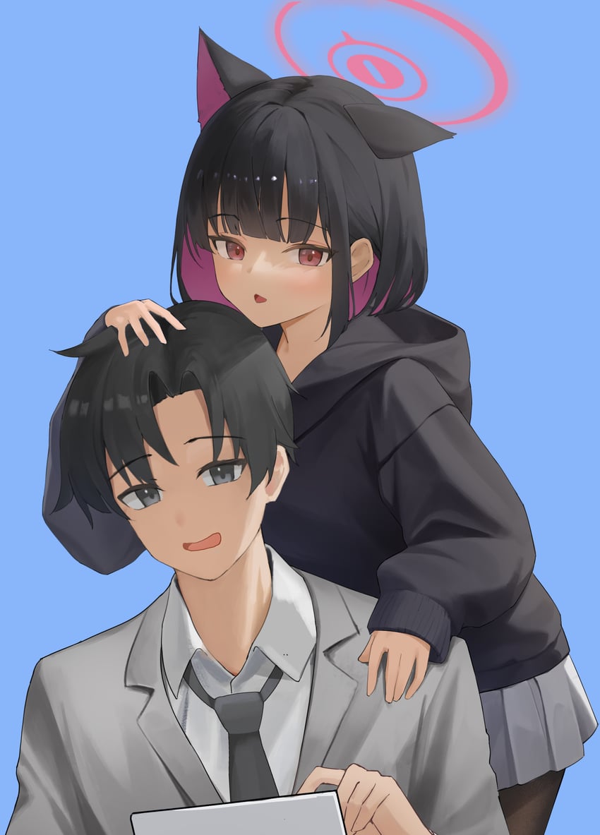 蔚蓝档案、蔚蓝档案 动画、杏山和纱 (碧蓝档案) 1名男孩 1名女孩 放射线条/杂草 兽耳 黑发