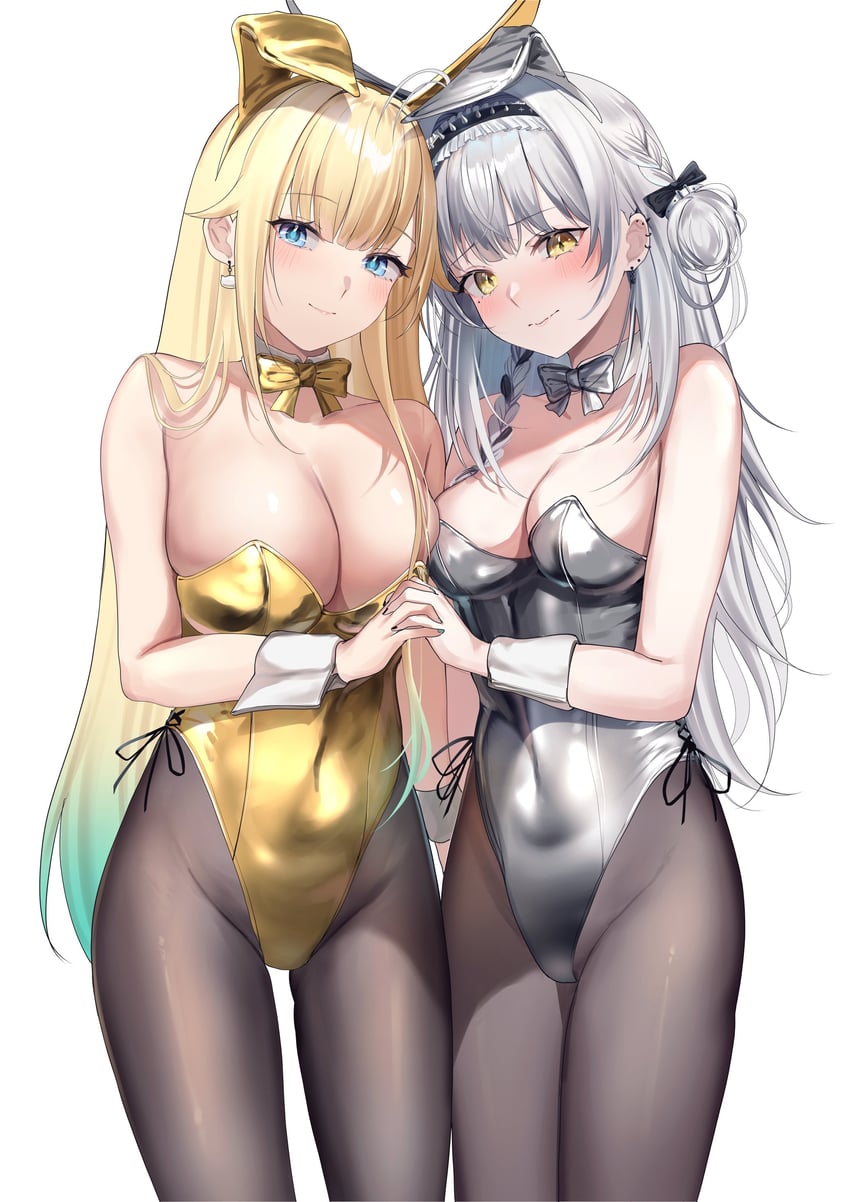 VSPO!、蓝泽埃玛、吟醸塞音 2名女孩 兽耳 水色发 露肩 黑色连裤袜
