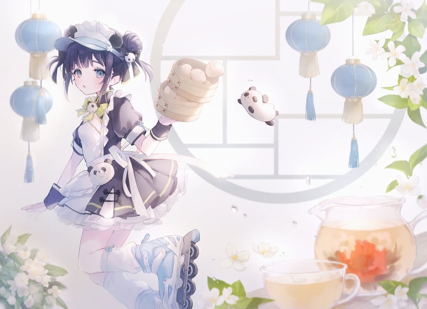 原创 1名女孩 动物 围裙 蒸笼 黑色连衣裙