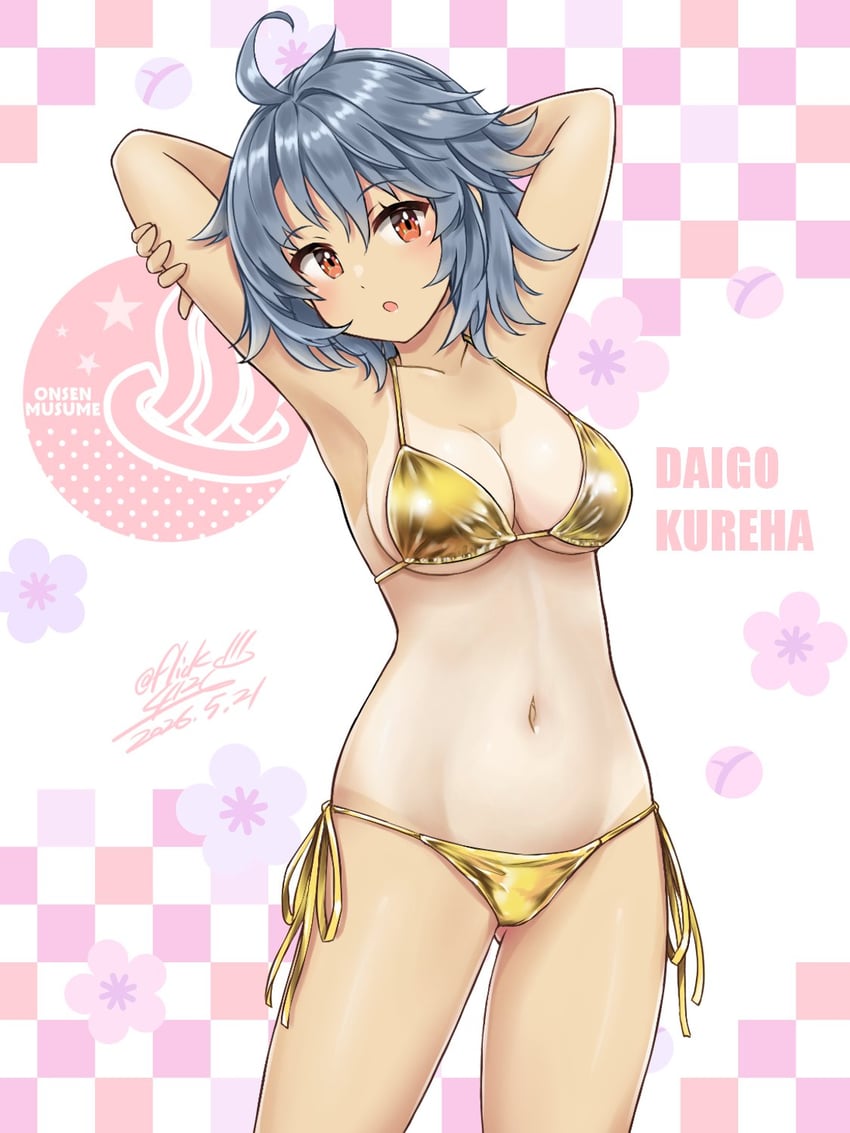 温泉娘、kureha daigo 1名女孩 呆毛 比基尼 乳房 角色名称