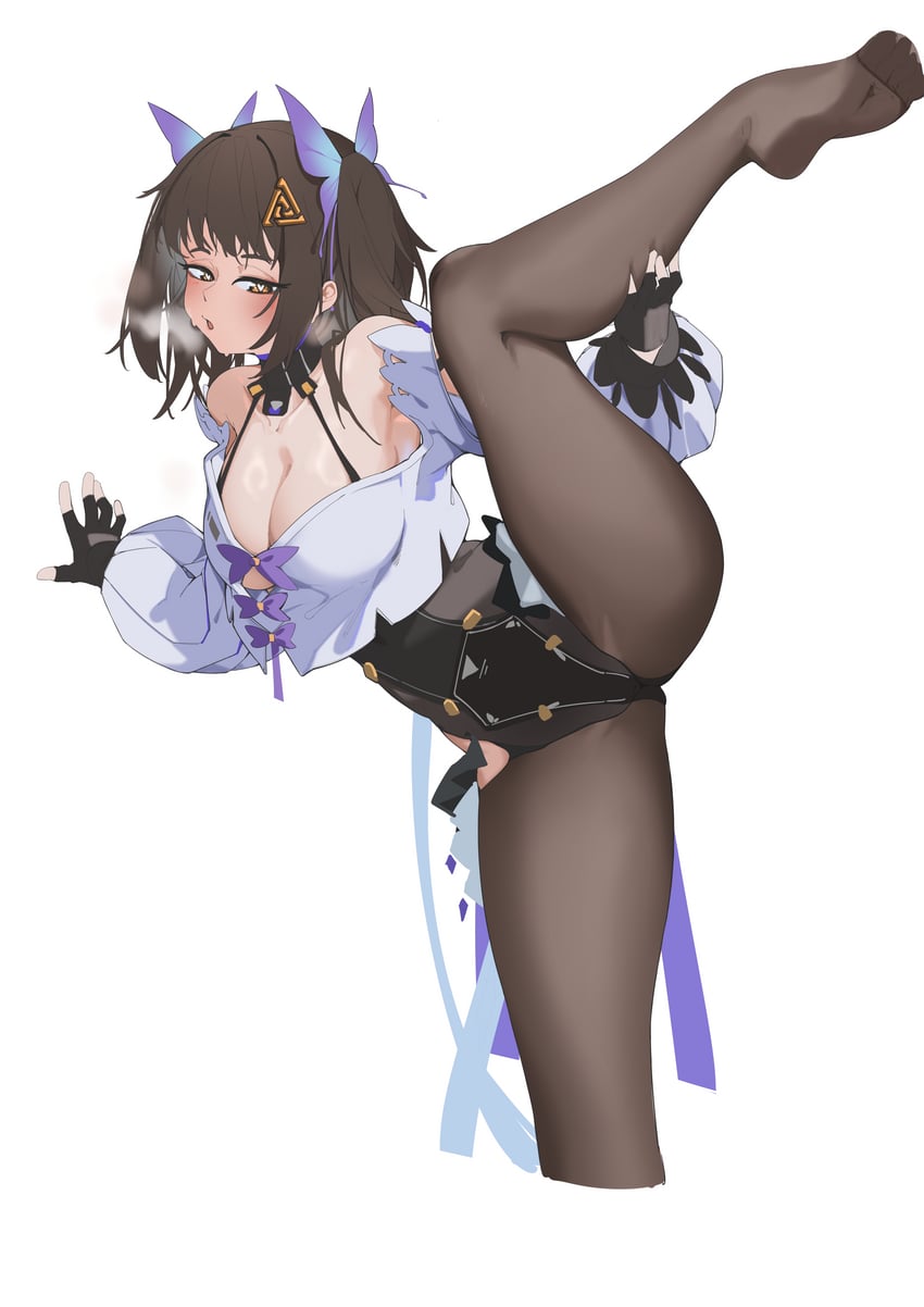 尘白禁区、希里斯 (尘白禁区) 1名女孩 黑色连裤袜 乳房 乳沟 手放在自己大腿上