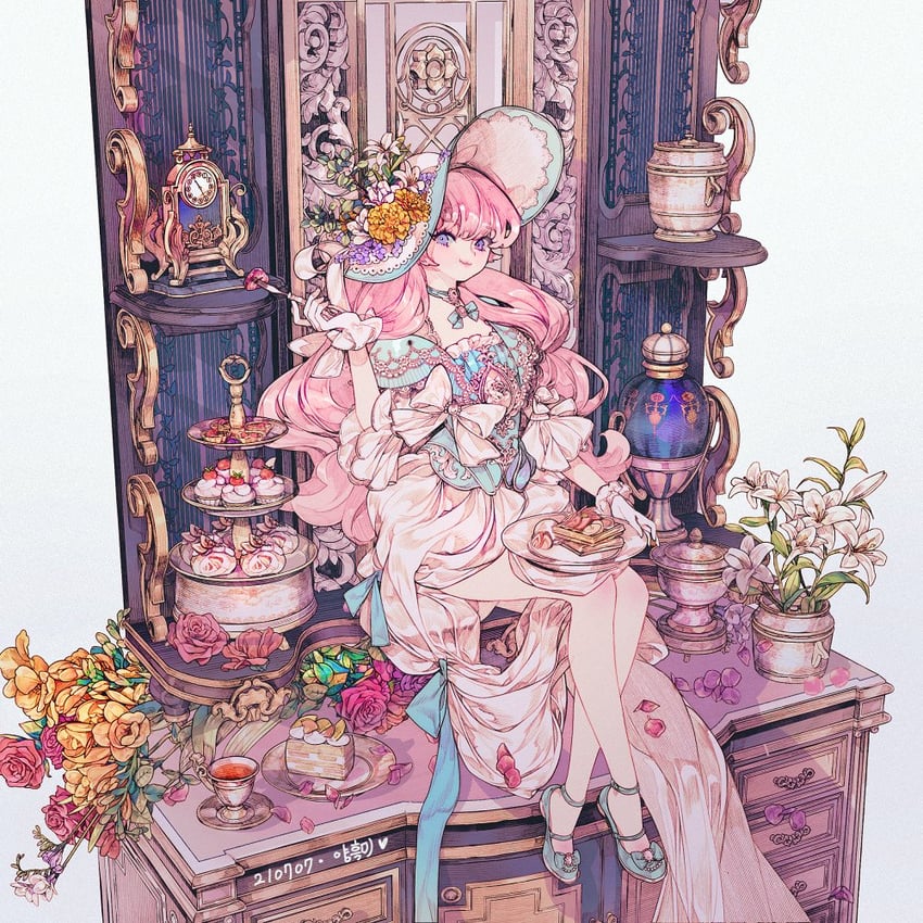 原创 1名女孩 蓝色丝带 蛋糕 五斗柜 时钟