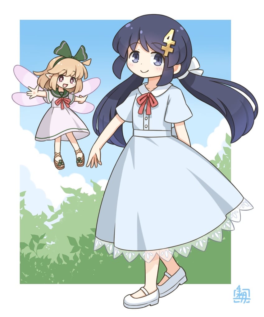 原创、爱丽丝 (北川水月)、北川水月 (角色) 2名女孩 金发 蓝色连衣裙 蓝眼 蓝发