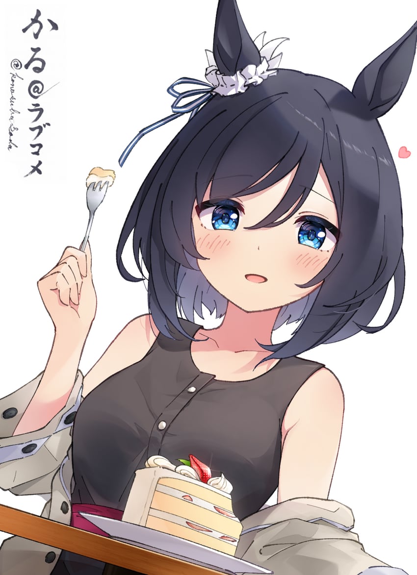 赛马娘、荣进闪耀 (便服) (赛马娘)、荣进闪耀(赛马娘) 1名女孩 兽耳 露肩 黑发 黑衬衫