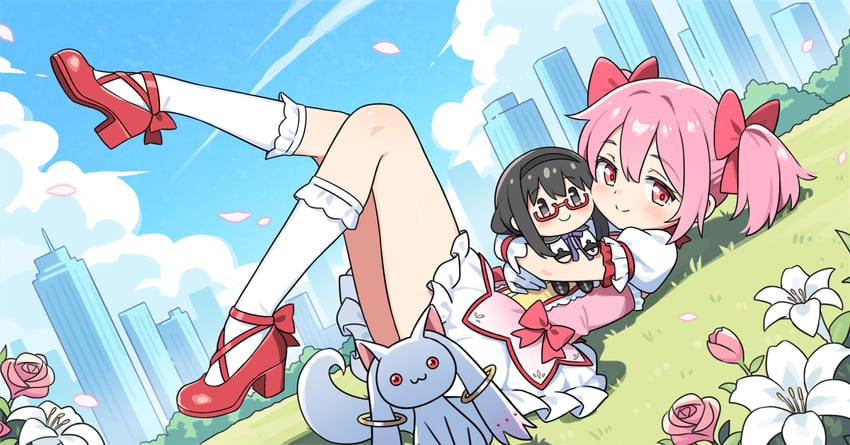 魔法少女小圆、魔法少女小圆、晓美焰 1名女孩 蓝天 折口短袜 蝴蝶结 建筑物