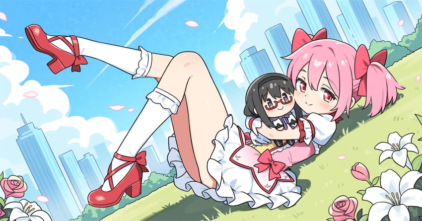 魔法少女小圆、魔法少女小圆、晓美焰 1名女孩 屁股 蓝天 折口短袜 蝴蝶结