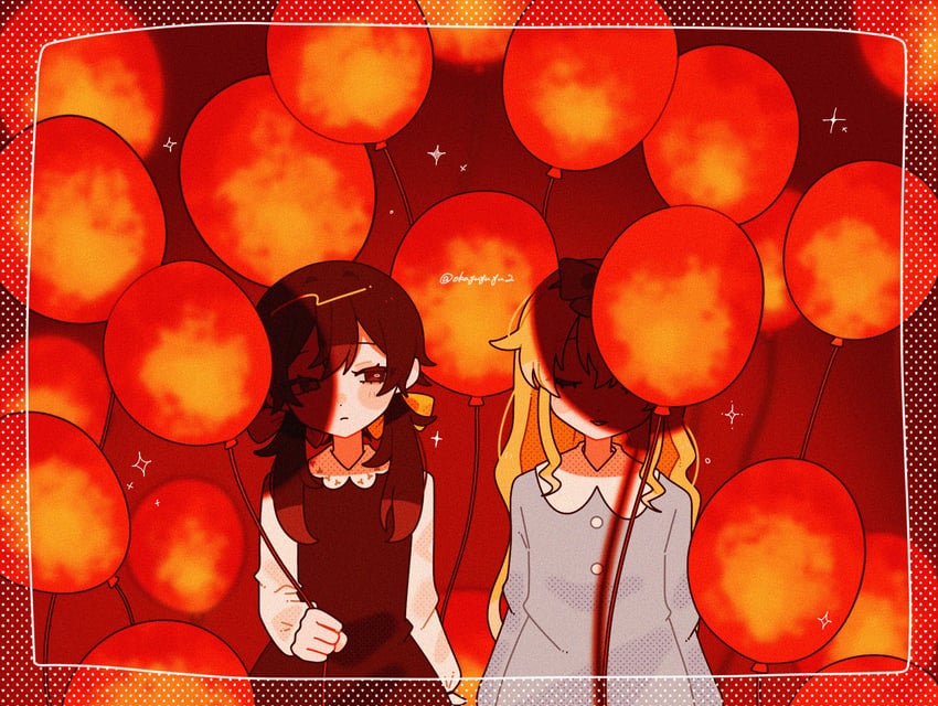 杏 (Vocaloid)、いよわ女子、IKI (いよわ) 2名女孩 气球 金发 蓝色连衣裙 腮红贴纸