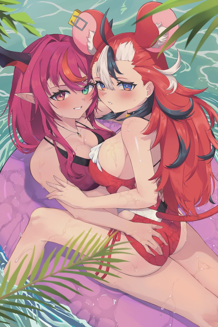 Hololive、Hololive英语、哈可斯·贝尔兹 2名女孩 兽耳 比基尼 黑发 蓝眼