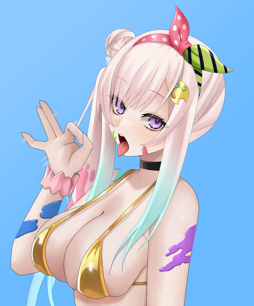 Hololive、Hololive Indonesia、Airani Iofifteen 1名女孩 比基尼 蓝发 乳房 口交手势