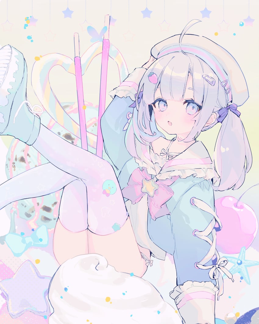 原创 1名女孩 呆毛 举手 贝雷帽 蓝色蝴蝶结