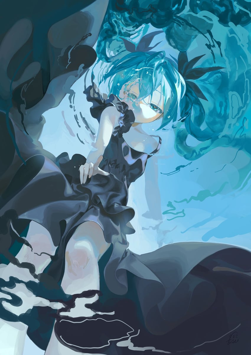 深海少女、VOCALOID、初音未来 1名女孩 黑色连衣裙 蓝眼 蓝发 连衣裙