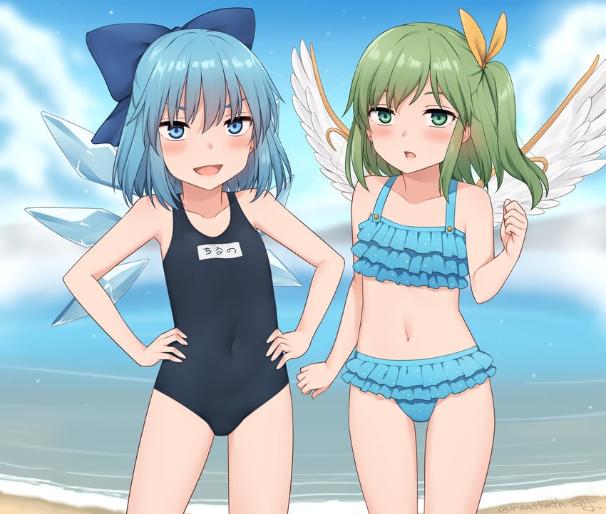 东方Project、琪露诺、大妖精 2名女孩 替换服装 海滩 比基尼 蓝色比基尼