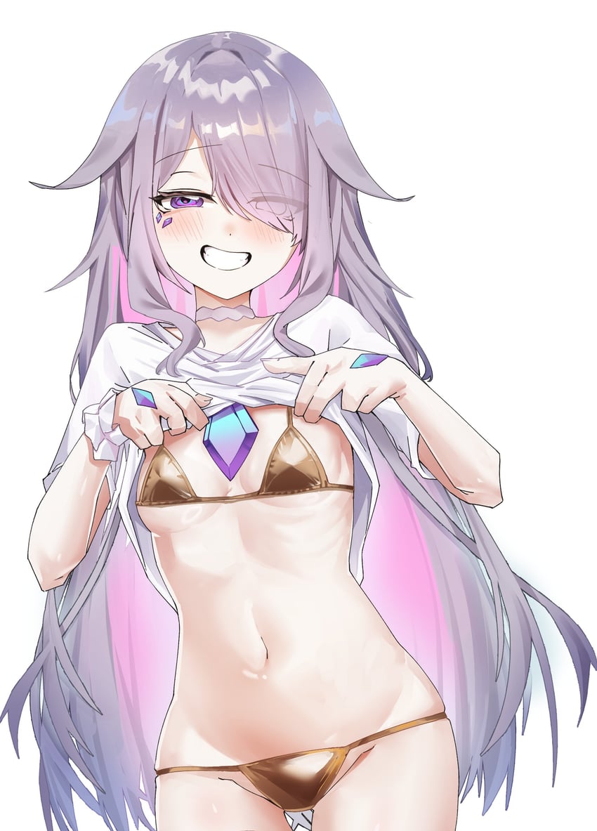Hololive、Hololive英语、古石比珠 1名女孩 比基尼 脸红 胸口宝石 挂耳染