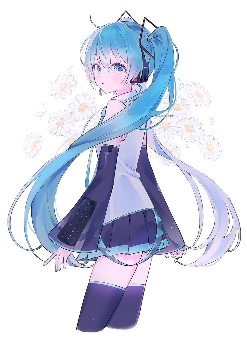 VOCALOID、初音未来 1名女孩 呆毛 黑色裙子 黑色袖子 黑色过膝袜