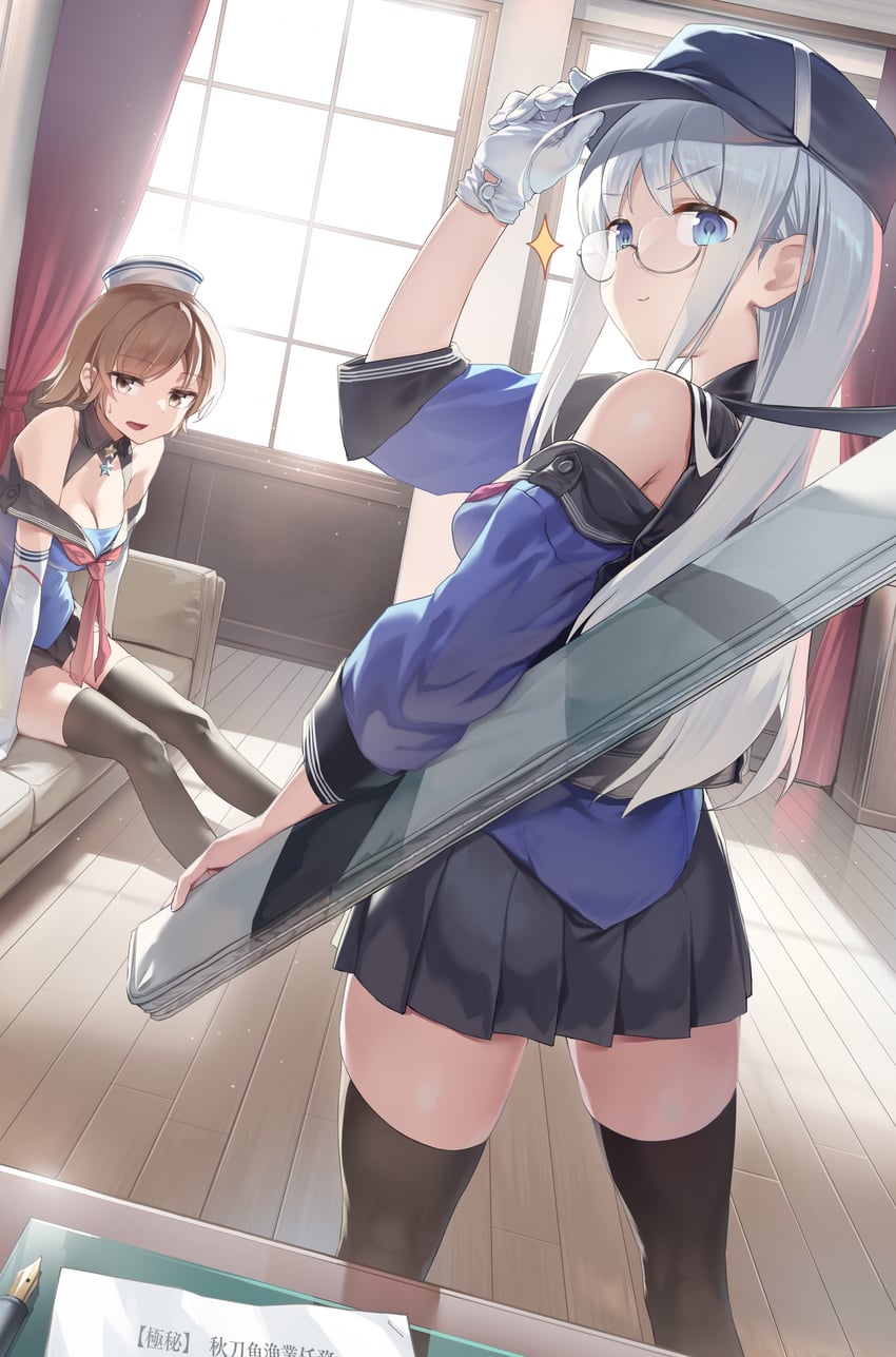 舰队Collection、海伍德·L·爱德华兹 (舰娘)、heywood l. edwards (saury festival) (kancolle) 2名女孩 棒球帽 黑色裙子 黑色过膝袜 蓝眼