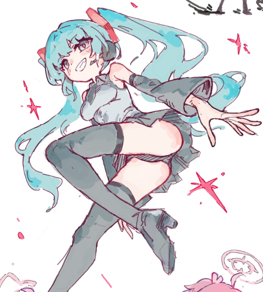VOCALOID、初音未来 1名女孩 呆毛 水色发 露肩 黑色靴子